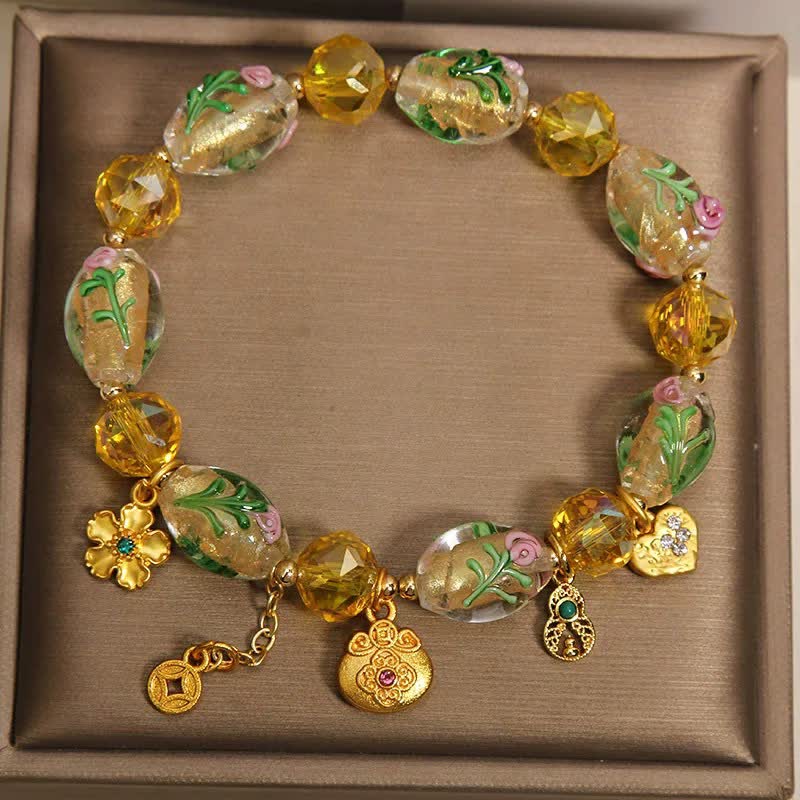 Buddha Stones Gelbes Liuli facettiertes Geldbeutel-Armband aus Kupfermünzen in Form eines Kürbisses mit Anhänger im chinesischen Stil - image 1