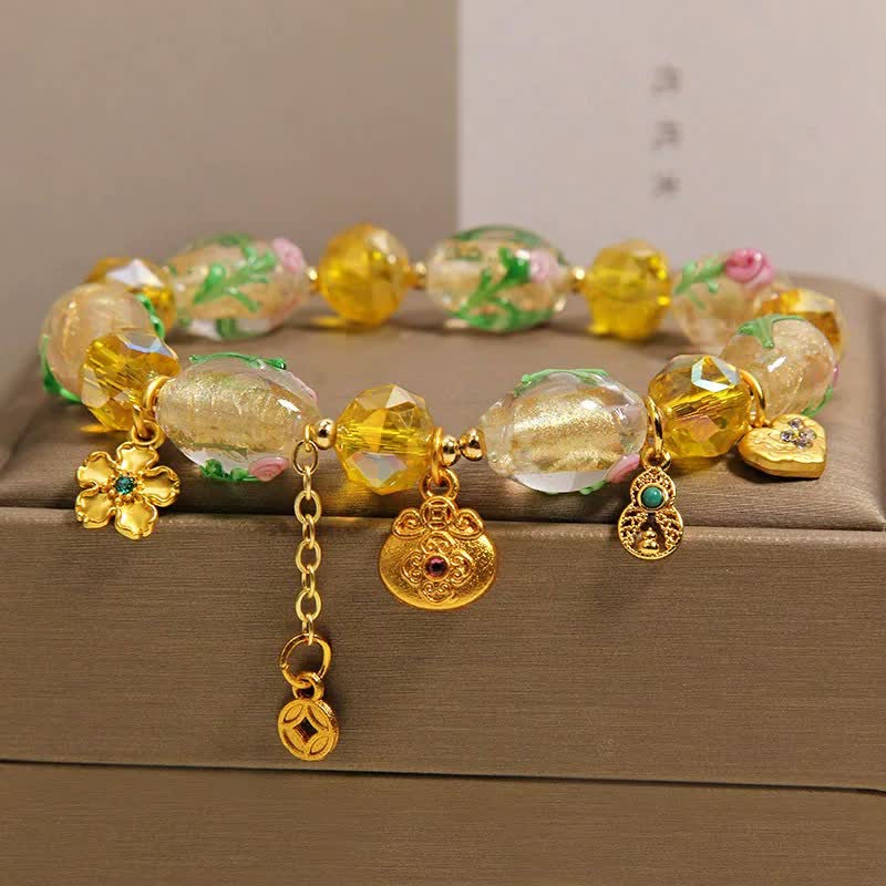 Buddha Stones Gelbes Liuli facettiertes Geldbeutel-Armband aus Kupfermünzen in Form eines Kürbisses mit Anhänger im chinesischen Stil - image 4