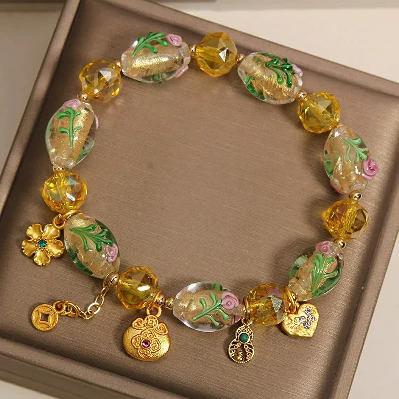 Buddha Stones Gelbes Liuli facettiertes Geldbeutel-Armband aus Kupfermünzen in Form eines Kürbisses mit Anhänger im chinesischen Stil - image 2