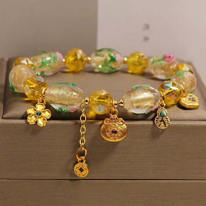 Buddha Stones Gelbes Liuli facettiertes Geldbeutel-Armband aus Kupfermünzen in Form eines Kürbisses mit Anhänger im chinesischen Stil - Liuli (Handgelenkumfang: 15-16 cm) - image 0
