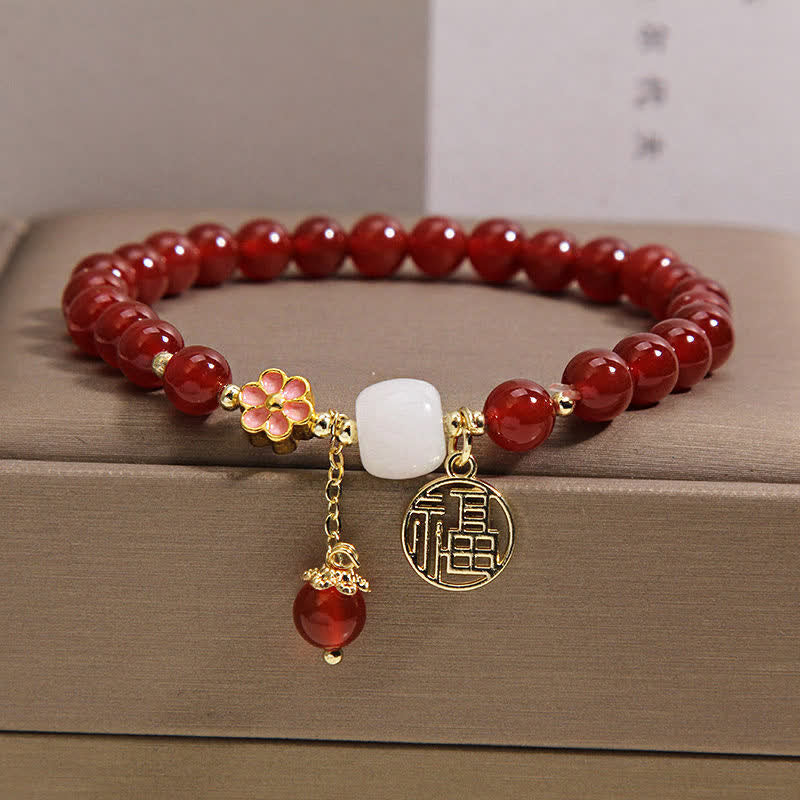 Buddha Stones Armband aus rotem Achat mit Fu-Charakterblume – Symbol für Selbstvertrauen und Glück - Fu-Charakter (Glück ♥ Segen) - image 0
