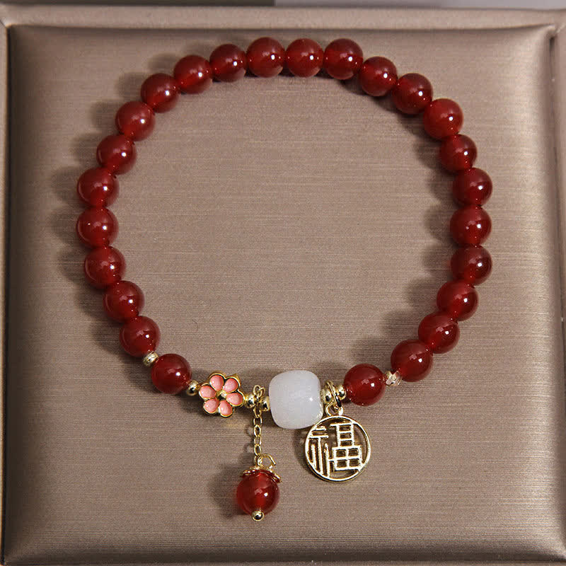 Buddha Stones Armband aus rotem Achat mit Fu-Charakterblume – Symbol für Selbstvertrauen und Glück - image 1