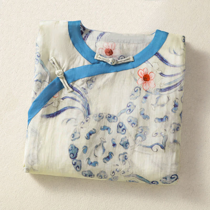 Buddha Stones Sommerliche Langarmshirts im Vintage-Stil mit Froschknopfmuster für Damen, Tang Style - image 2