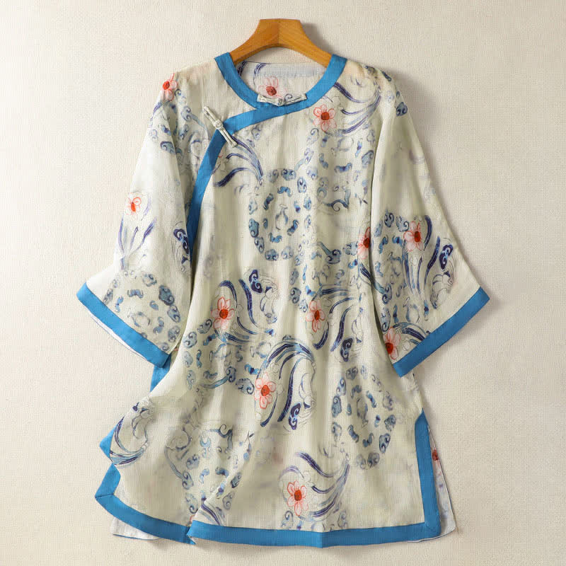 Buddha Stones Sommerliche Langarmshirts im Vintage-Stil mit Froschknopfmuster für Damen, Tang Style - FloralWeiß - US12, UK/AU16, EU44 (2XL) - image 0