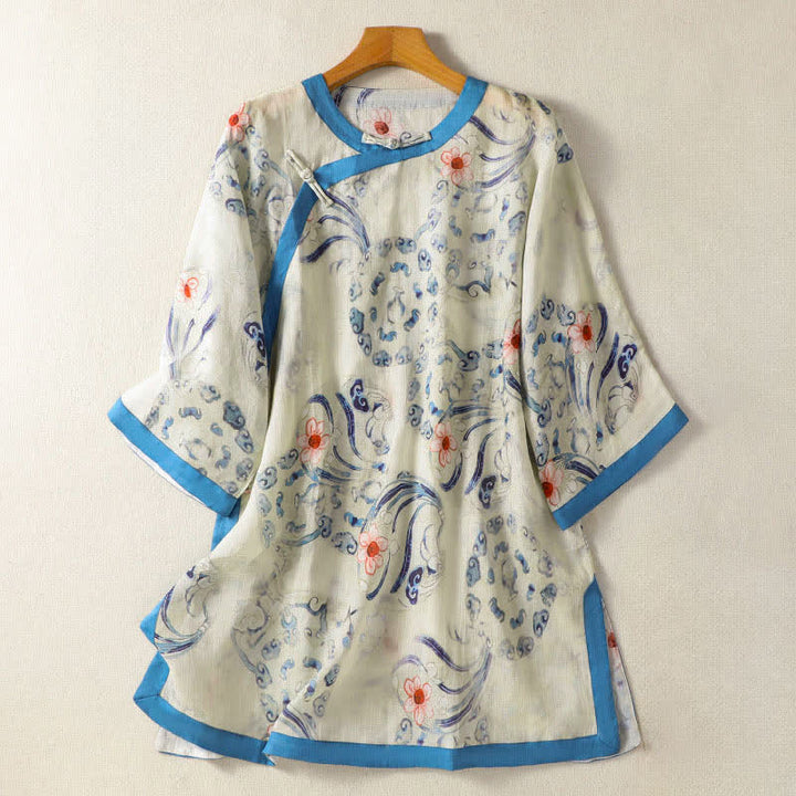 Buddha Stones Sommerliche Langarmshirts im Vintage-Stil mit Froschknopfmuster für Damen, Tang Style - FloralWeiß - US12, UK/AU16, EU44 (2XL) - image 0