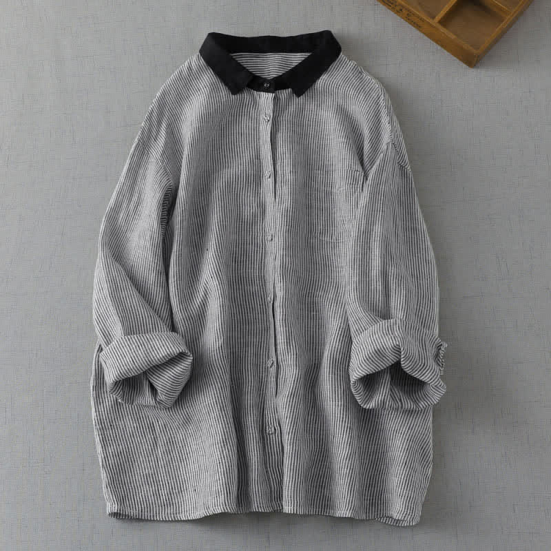 Buddha Stones Lässiges, gestreiftes Langarmhemd im Tang-Stil mit Knopfleiste und Tasche für Damen. - Hellgrau - US8-10, UK/AU12-14, EU40-42 (2XL) - image 2