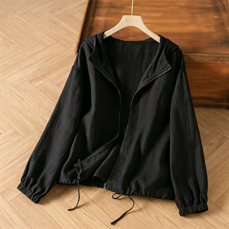 Buddha Stones Lässige, minimalistische Sommerjacke für Damen mit Kordelzug und Tasche - Schwarz - US14, UK/AU18, EU46 (4XL) - image 1