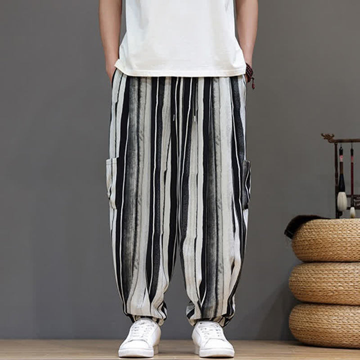 Buddha Stones Lässige, gestreifte Boho-Haremshose für Herren mit aufgesetzten Taschen - image 1