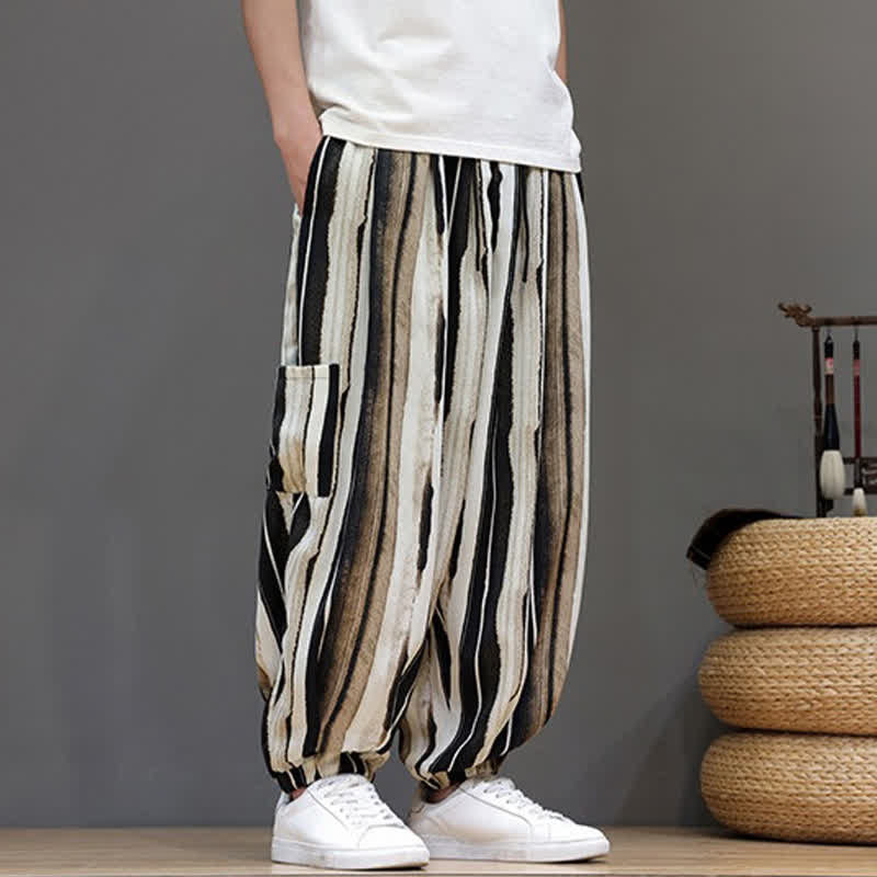Buddha Stones Lässige, gestreifte Boho-Haremshose für Herren mit aufgesetzten Taschen - image 15