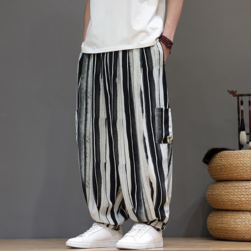 Buddha Stones Lässige, gestreifte Boho-Haremshose für Herren mit aufgesetzten Taschen - Schwarz - US/UK/AU46, EU56 (5XL) - image 3