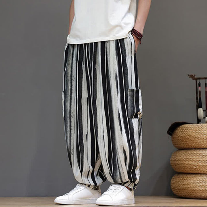 Buddha Stones Lässige, gestreifte Boho-Haremshose für Herren mit aufgesetzten Taschen - Schwarz - US/UK/AU46, EU56 (5XL) - image 3