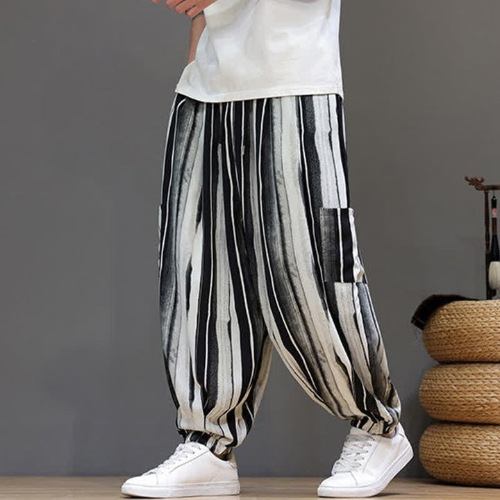 Buddha Stones Lässige, gestreifte Boho-Haremshose für Herren mit aufgesetzten Taschen - image 0