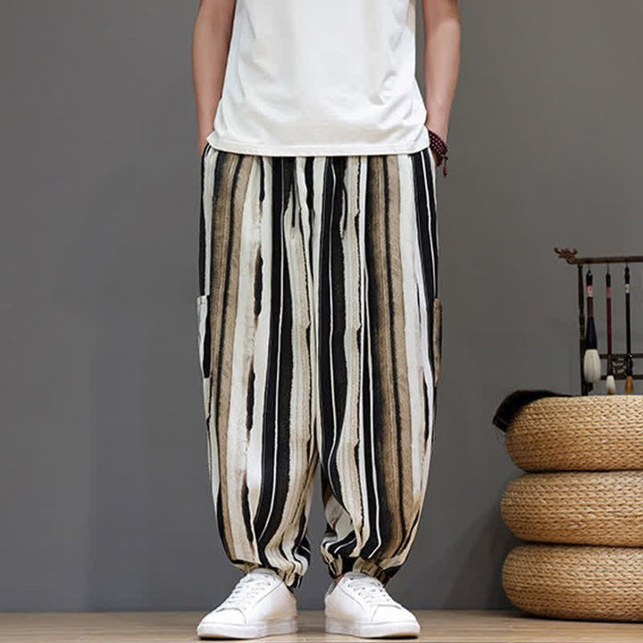 Buddha Stones Lässige, gestreifte Boho-Haremshose für Herren mit aufgesetzten Taschen - image 9