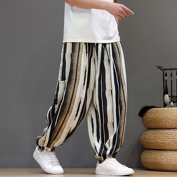 Buddha Stones Lässige, gestreifte Boho-Haremshose für Herren mit aufgesetzten Taschen - image 14