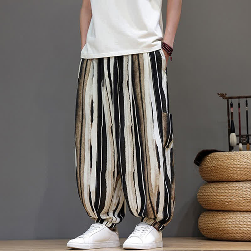 Buddha Stones Lässige, gestreifte Boho-Haremshose für Herren mit aufgesetzten Taschen - Bräunen - US/UK/AU46, EU56 (5XL) - image 11