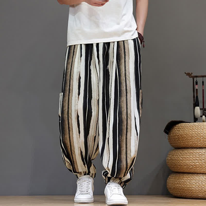 Buddha Stones Lässige, gestreifte Boho-Haremshose für Herren mit aufgesetzten Taschen - image 10