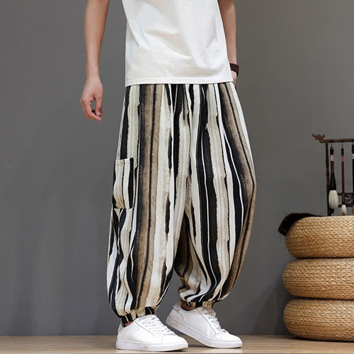 Buddha Stones Lässige, gestreifte Boho-Haremshose für Herren mit aufgesetzten Taschen - image 16