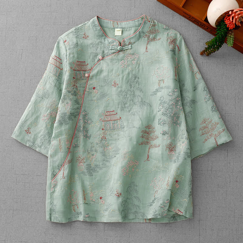 Buddha Stones Sommerliche Kurzarmblusen im Vintage-Stil mit Stehkragen und abstrakter Stickerei im Tang-Stil für Damen - Dunkelmeergrün - US8-10, UK/AU12-14, EU40-42 (2XL) - image 0