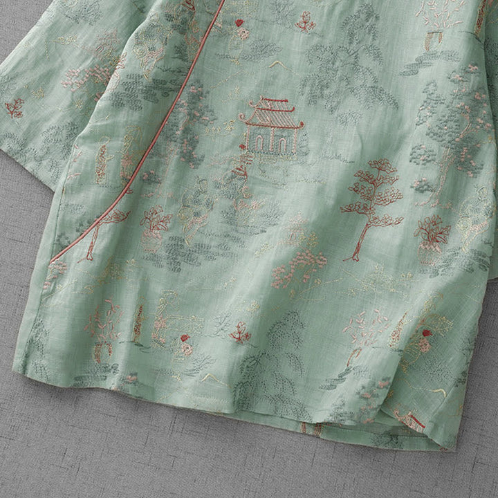 Buddha Stones Sommerliche Kurzarmblusen im Vintage-Stil mit Stehkragen und abstrakter Stickerei im Tang-Stil für Damen - image 6
