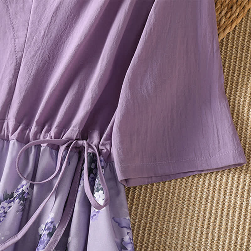 Buddha Stones Sommerliches, lässig-elegantes Kurzarmkleid mit Kordelzug, Blumenmuster und Tasche für Damen, Damen, Kurzarm, mit Tasche - image 6