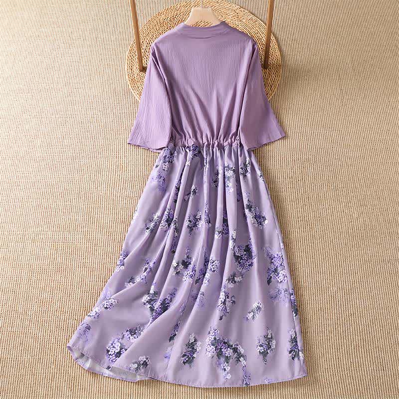 Buddha Stones Sommerliches, lässig-elegantes Kurzarmkleid mit Kordelzug, Blumenmuster und Tasche für Damen, Damen, Kurzarm, mit Tasche - image 1