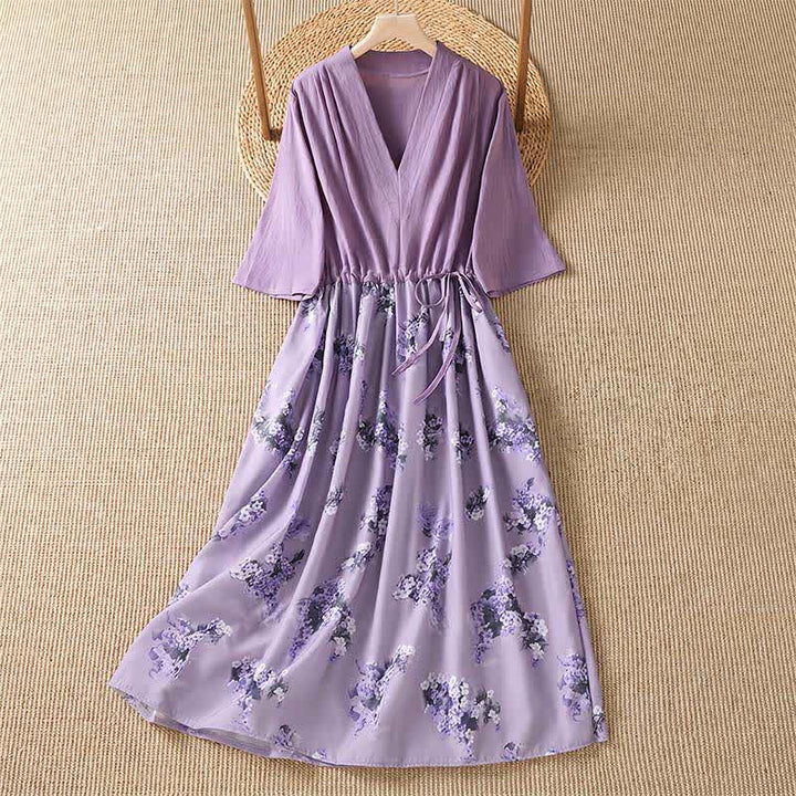 Buddha Stones Sommerliches, lässig-elegantes Kurzarmkleid mit Kordelzug, Blumenmuster und Tasche für Damen, Damen, Kurzarm, mit Tasche - Distel - US12, UK/AU16, EU44 (2XL) - image 0
