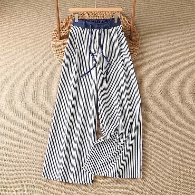 Buddha Stones Lässige, gestreifte Sommerhose mit Kordelzug für Damen, weites Bein und Tasche - Dunkelblau - US8-10, UK/AU12-14, EU40-42 (2XL) - image 0