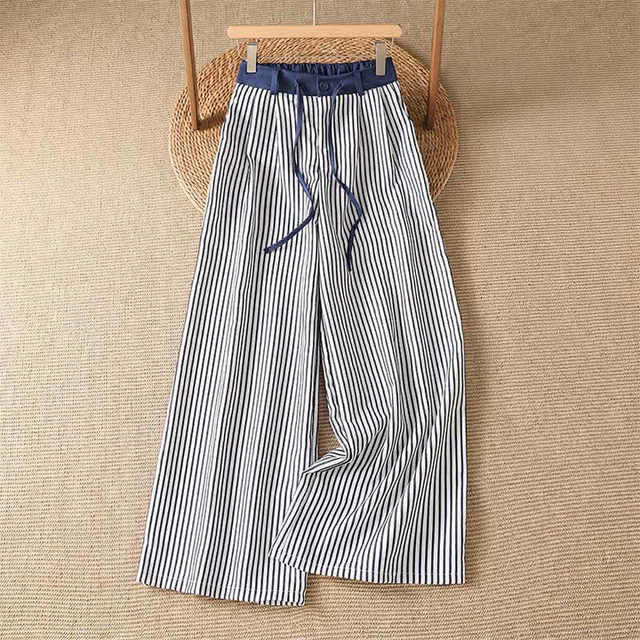 Buddha Stones Lässige, gestreifte Sommerhose mit Kordelzug für Damen, weites Bein und Tasche - Dunkelblau - US8-10, UK/AU12-14, EU40-42 (2XL) - image 0