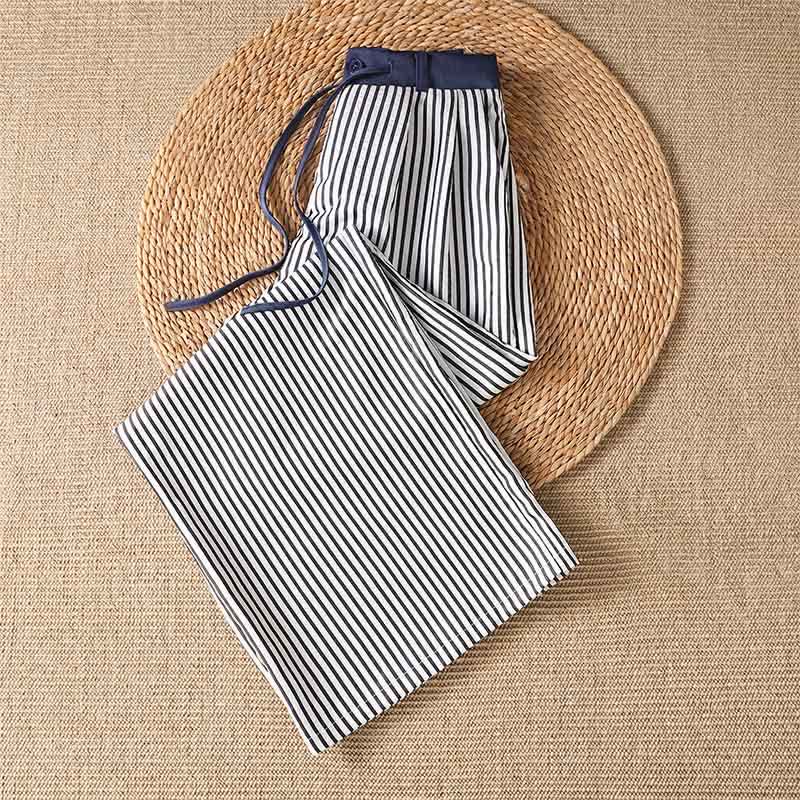 Buddha Stones Lässige, gestreifte Sommerhose mit Kordelzug für Damen, weites Bein und Tasche - image 2