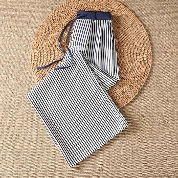 Buddha Stones Lässige, gestreifte Sommerhose mit Kordelzug für Damen, weites Bein und Tasche - image 2