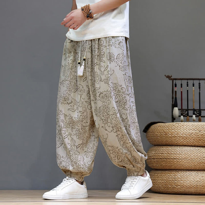 Buddha Stones Lässige Vintage-Herren-Haremshose mit Kordelzug und Blumenmuster, Knöchelhoch, mit Tasche - Weiß - US/UK/AU46, EU56 (5XL) - image 0