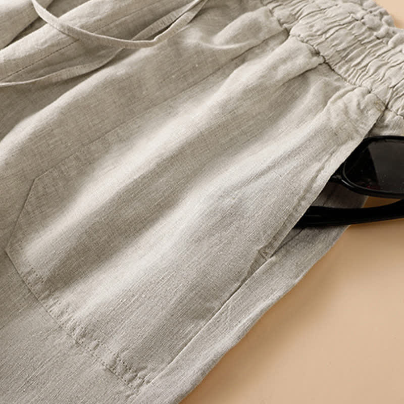 Buddha Stones Lässige, minimalistische Sommerhose mit Kordelzug, geradem Bein und Tasche - image 4