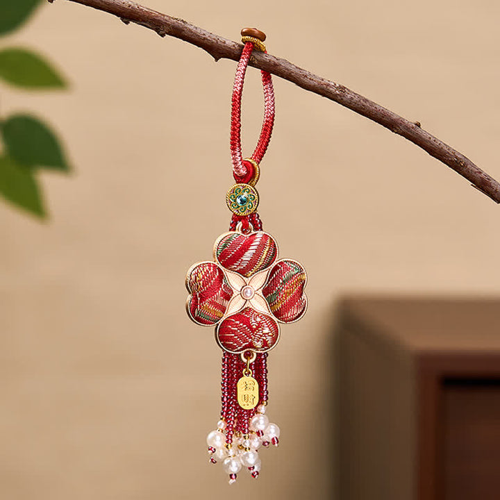 Buddha Stones Schlüsselanhänger aus Song-Brokat mit vierblättrigem Kleeblatt, „Fu“-Schriftzeichen und Quaste – Symbole für Glück und Wohlstand - Rot - image 10