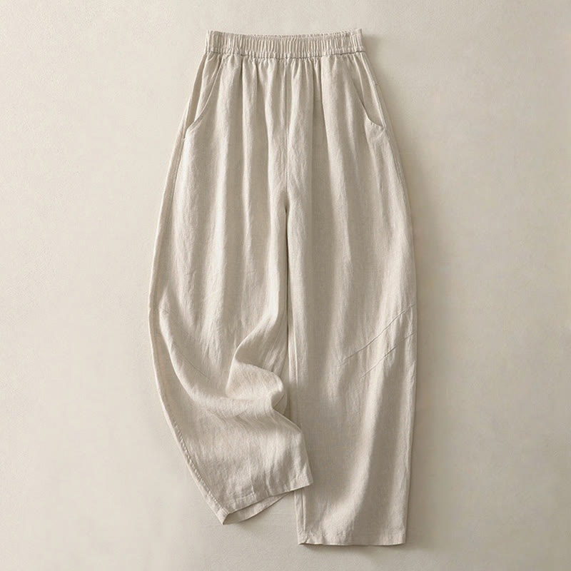 Buddha Stones Sommer-Damenhose mit weitem Bein und Taschen, einfarbig, elastischer Bund - Beige - US 8-10, UK/AU 12-14, EU 40-42 (2XL) - image 0