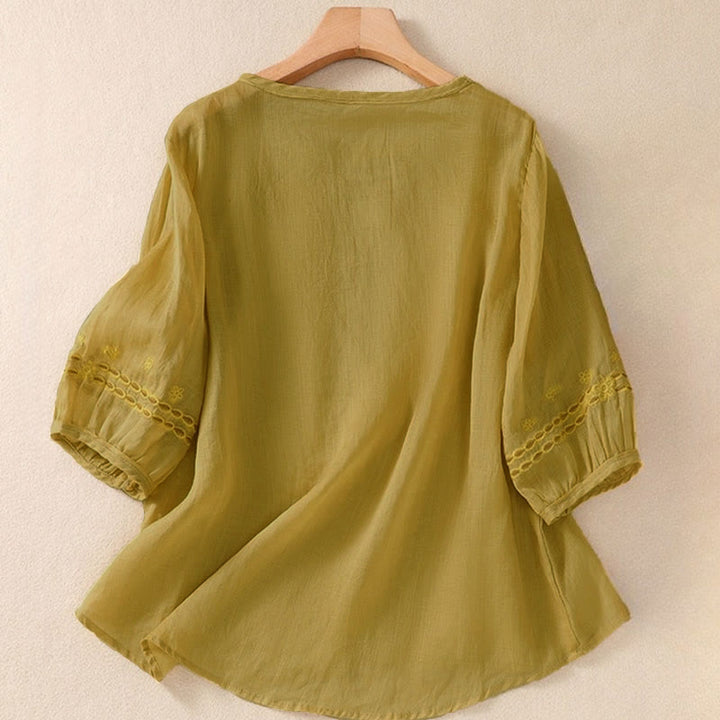 Buddha Stones ​​– Künstlerisches, schlichtes, floral besticktes Design – Damen-T-Shirt mit Rundhalsausschnitt und Puffärmeln (halbe Ärmel) - image 13