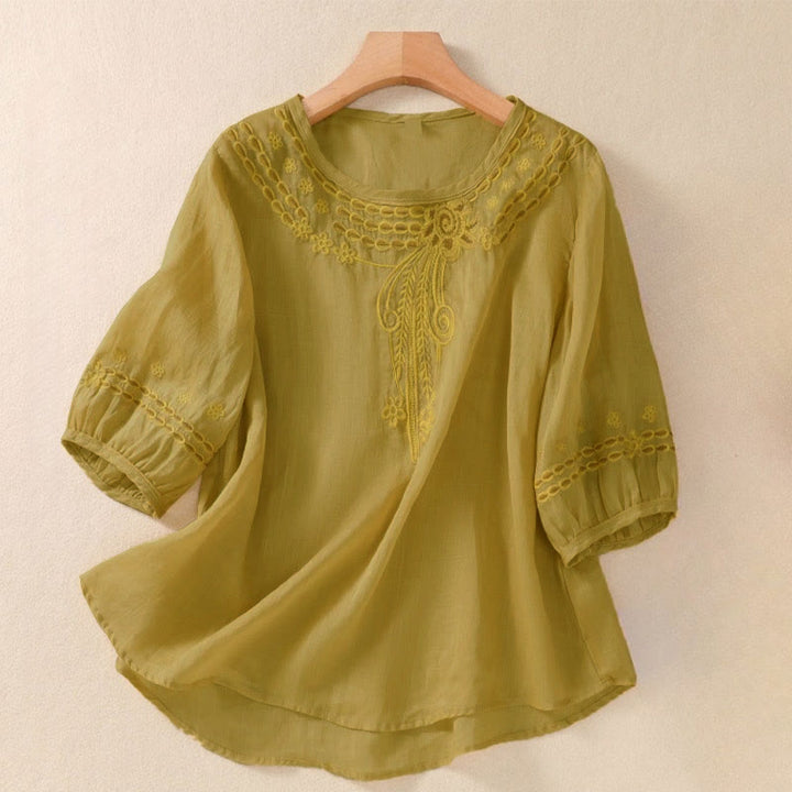 Buddha Stones ​​– Künstlerisches, schlichtes, floral besticktes Design – Damen-T-Shirt mit Rundhalsausschnitt und Puffärmeln (halbe Ärmel) - Dunkelgoldenrod - US 8-10, UK/AU 12-14, EU 40-42 (2XL) - image 12