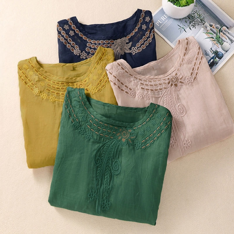Buddha Stones ​​– Künstlerisches, schlichtes, floral besticktes Design – Damen-T-Shirt mit Rundhalsausschnitt und Puffärmeln (halbe Ärmel) - image 26