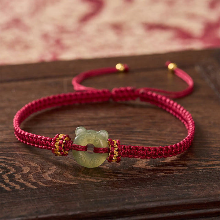 Buddha Stones Jade-Tigerkopf-Design, Friedensschnalle, geflochtenes rotes Armband - Natürlicher Jade (Farbe kann variieren) - 16-18 cm - image 0
