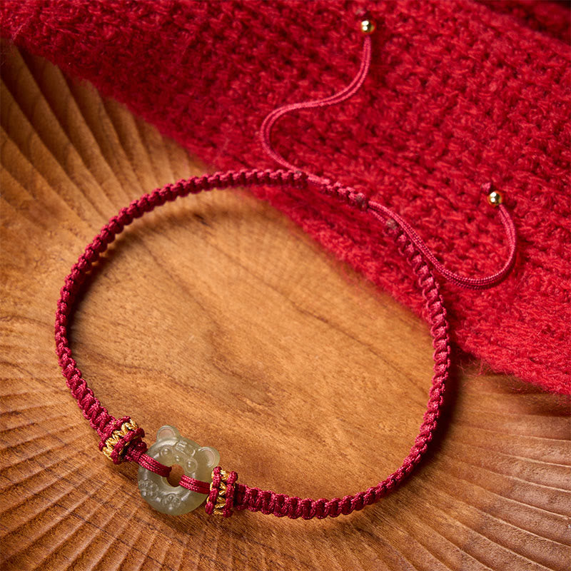 Buddha Stones Jade-Tigerkopf-Design, Friedensschnalle, geflochtenes rotes Armband - image 1