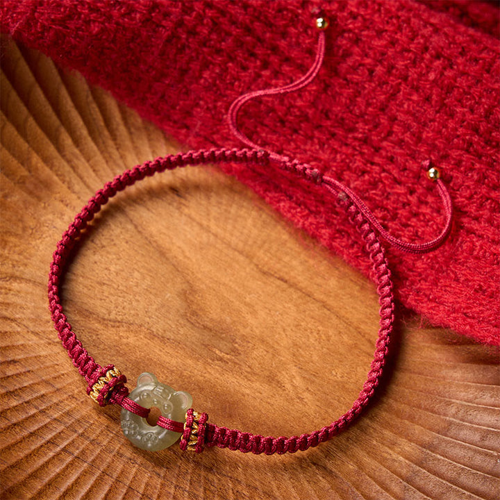 Buddha Stones Jade-Tigerkopf-Design, Friedensschnalle, geflochtenes rotes Armband - image 1