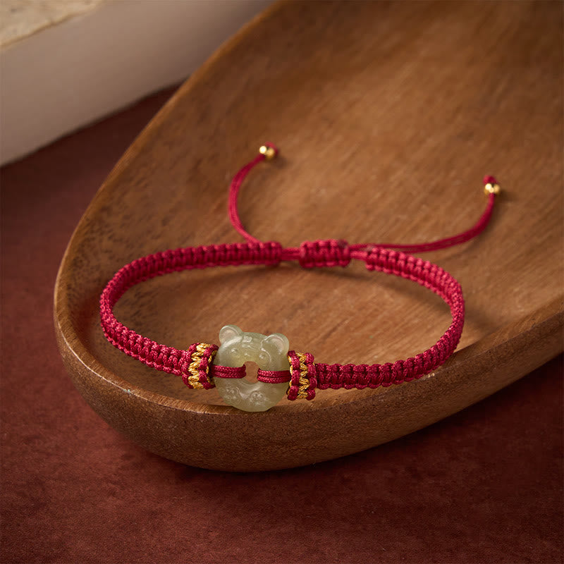 Buddha Stones Jade-Tigerkopf-Design, Friedensschnalle, geflochtenes rotes Armband - image 2