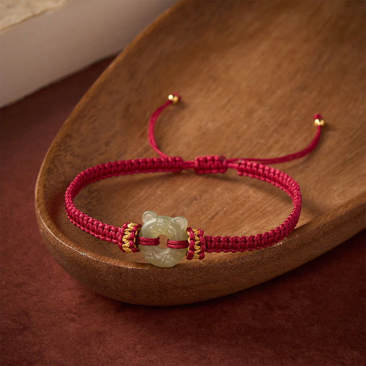 Buddha Stones Jade-Tigerkopf-Design, Friedensschnalle, geflochtenes rotes Armband - image 2