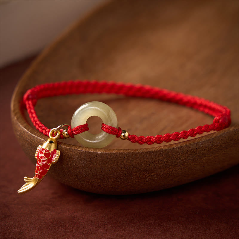 Buddha Stones Koi-Fisch-Anhänger Friedensschnalle Jade-rotes Schnur-Schutzarmband - image 1