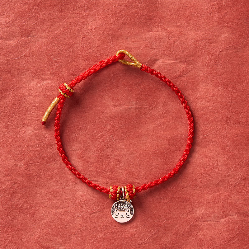 Buddha Stones Runder Anhänger aus 925er Sterlingsilber mit Kätzchen, das einen Fisch frisst, und passendes Armband aus geflochtenem Band (rot/schwarz) – ein Symbol für Wohlstand. - image 3