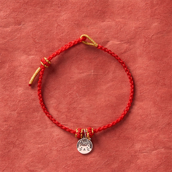 Buddha Stones Runder Anhänger aus 925er Sterlingsilber mit Kätzchen, das einen Fisch frisst, und passendes Armband aus geflochtenem Band (rot/schwarz) – ein Symbol für Wohlstand. - image 3