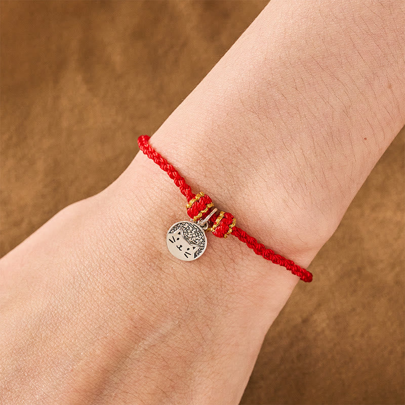 Buddha Stones Runder Anhänger aus 925er Sterlingsilber mit Kätzchen, das einen Fisch frisst, und passendes Armband aus geflochtenem Band (rot/schwarz) – ein Symbol für Wohlstand. - image 8