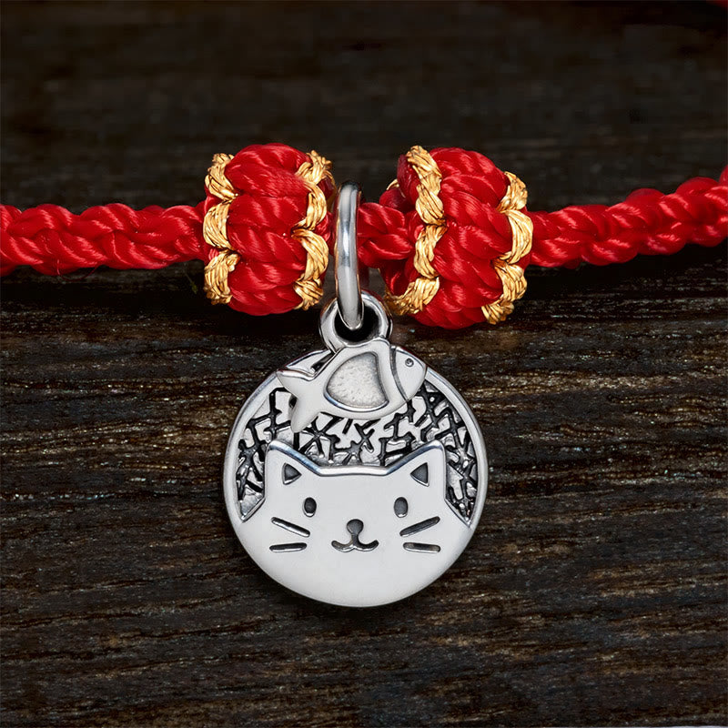 Buddha Stones Runder Anhänger aus 925er Sterlingsilber mit Kätzchen, das einen Fisch frisst, und passendes Armband aus geflochtenem Band (rot/schwarz) – ein Symbol für Wohlstand. - image 9