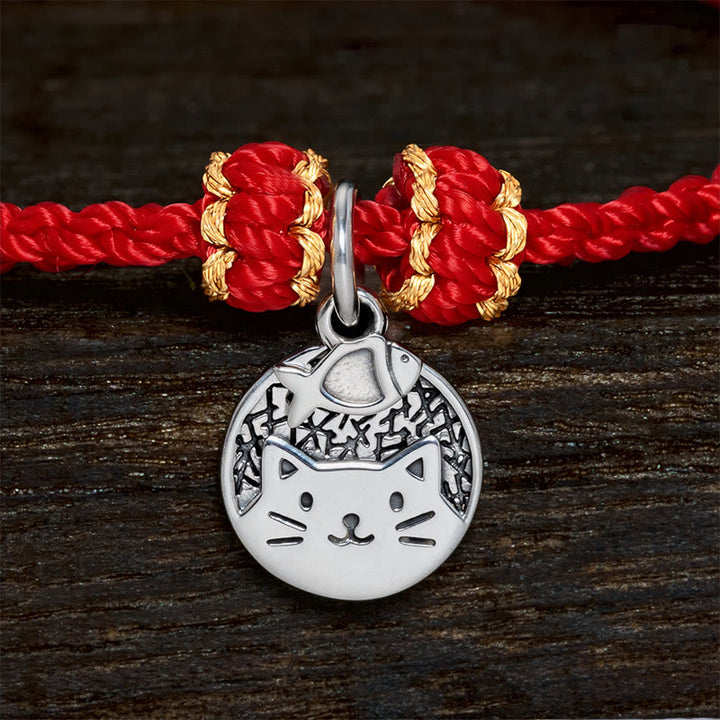 Buddha Stones Runder Anhänger aus 925er Sterlingsilber mit Kätzchen, das einen Fisch frisst, und passendes Armband aus geflochtenem Band (rot/schwarz) – ein Symbol für Wohlstand. - image 9