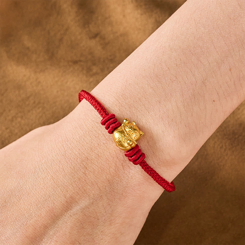 Buddha Stones Handgewebtes, verstellbares Armband aus rotem Kupfergarn mit Glückskatzen-Motiv - image 4