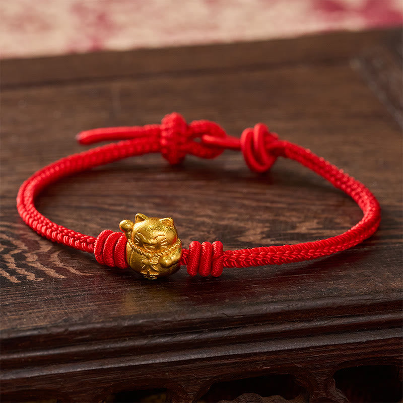 Buddha Stones Handgewebtes, verstellbares Armband aus rotem Kupfergarn mit Glückskatzen-Motiv - Rot - 17-20 cm - image 9